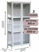 Стеллаж-шкаф СТ-300 с сетчатыми дверьми и сетчатой стенкой 3000х980х750, 5 полок