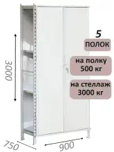 Стеллаж-шкаф СТ-600 с сплошными дверьми и сетчатой стенкой 3000х1000х750, 5 полок